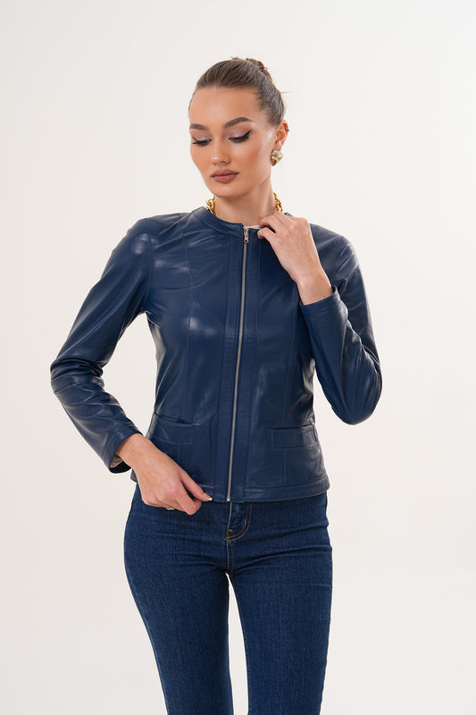 La Chaqueta Reversible De Cuero Azul Marino Para Mujer Nyvessa