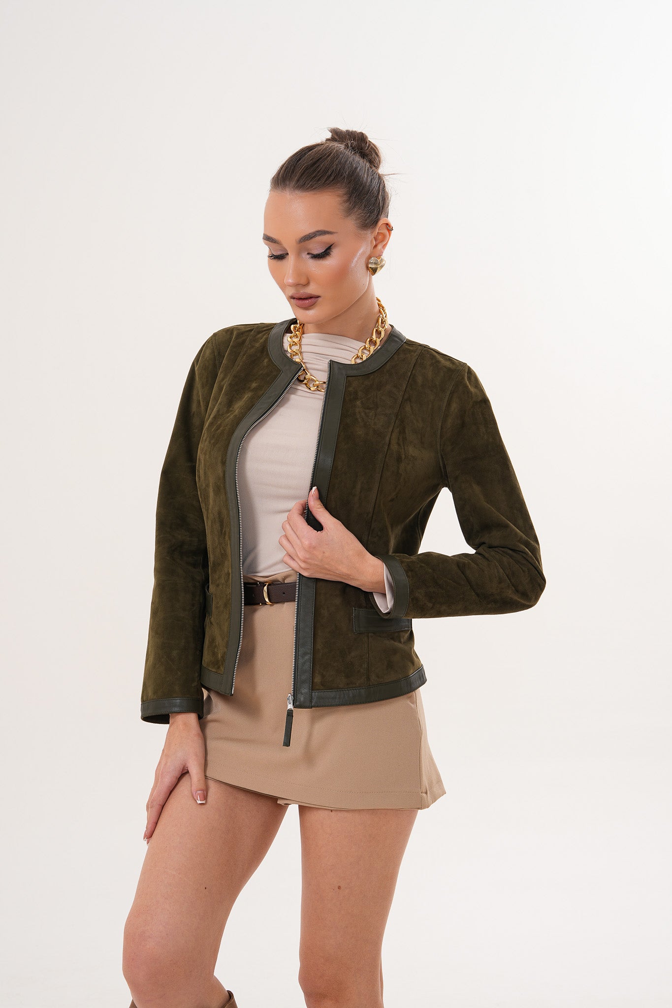 Chaqueta de Cuero Reversible para Mujer Nyvessa – Verde Oliva