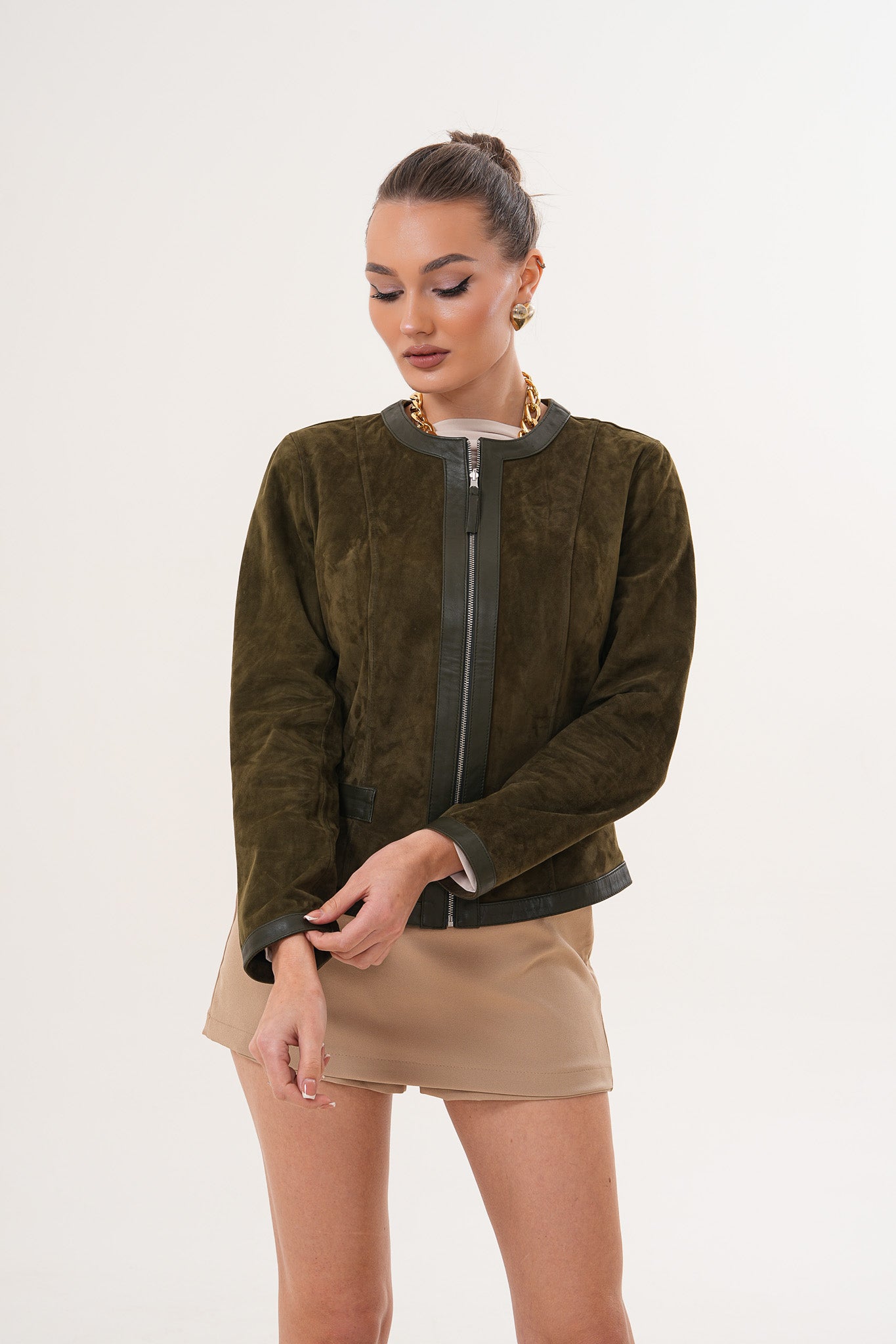 Chaqueta de Cuero Reversible para Mujer Nyvessa – Verde Oliva
