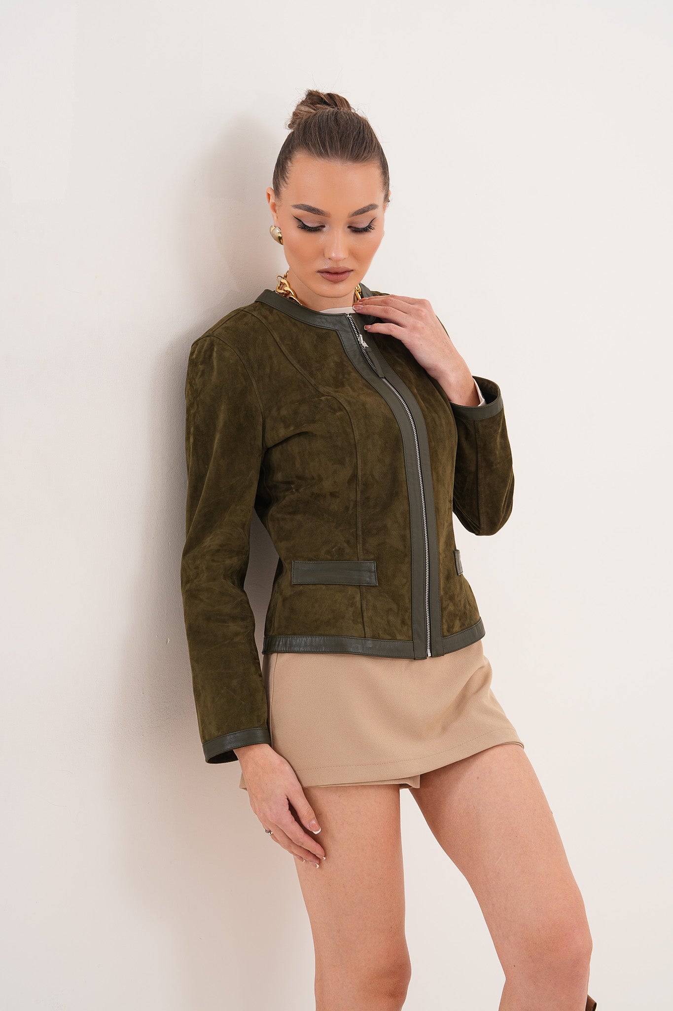 Chaqueta de Cuero Reversible para Mujer Nyvessa – Verde Oliva