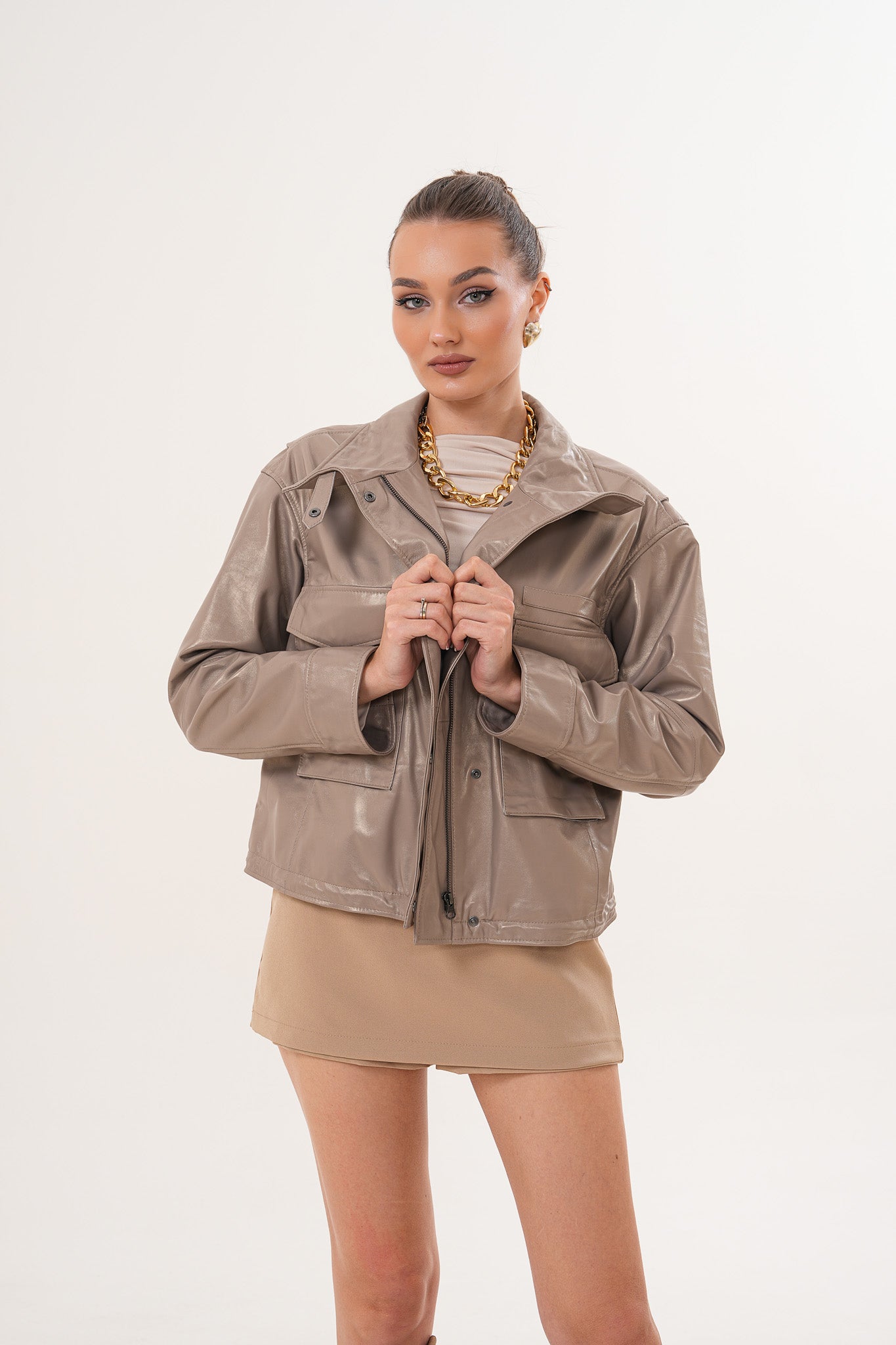 Chaqueta De Cuero Taupe Para Mujer Ravelyn