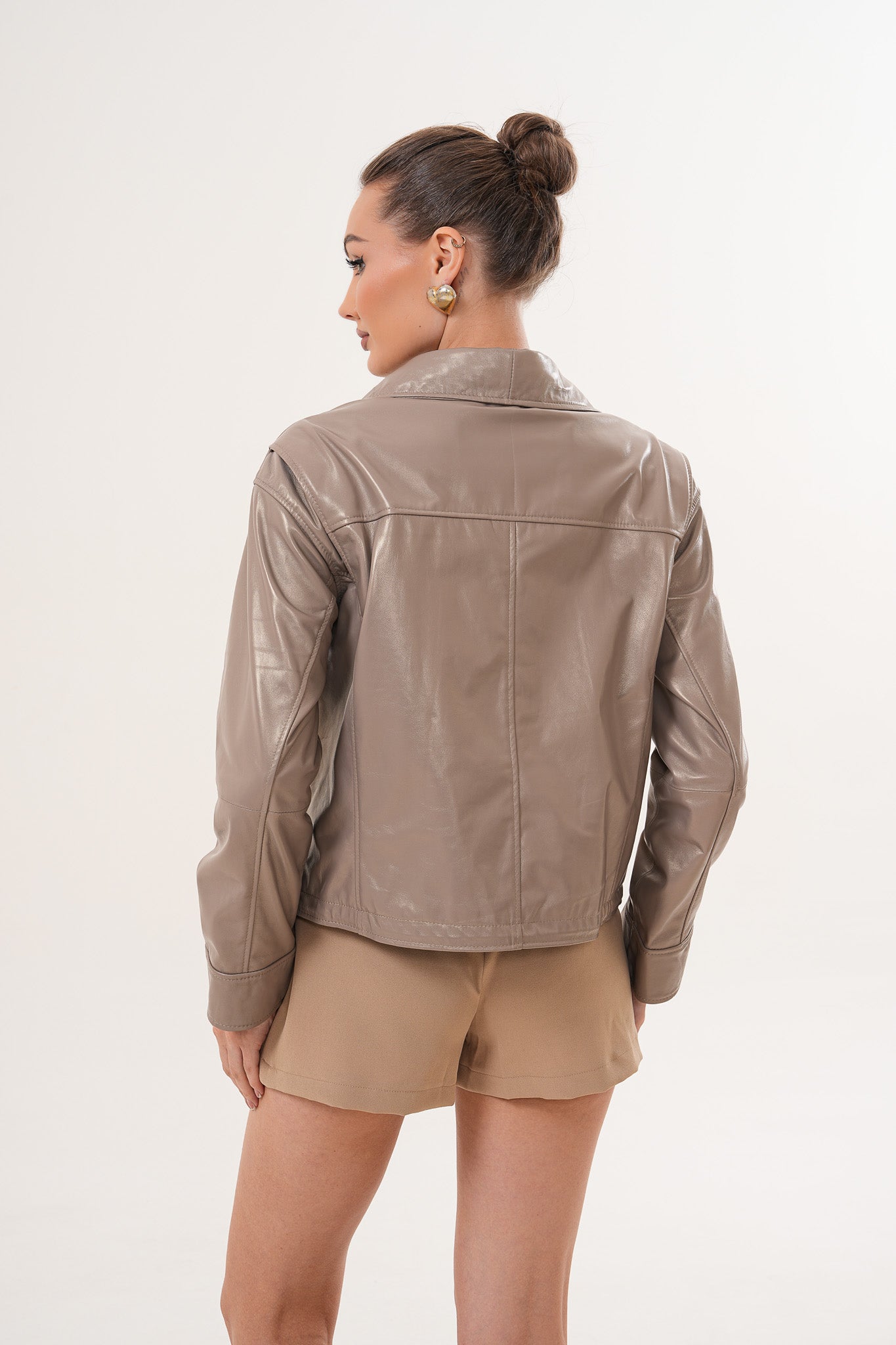 Chaqueta De Cuero Taupe Para Mujer Ravelyn