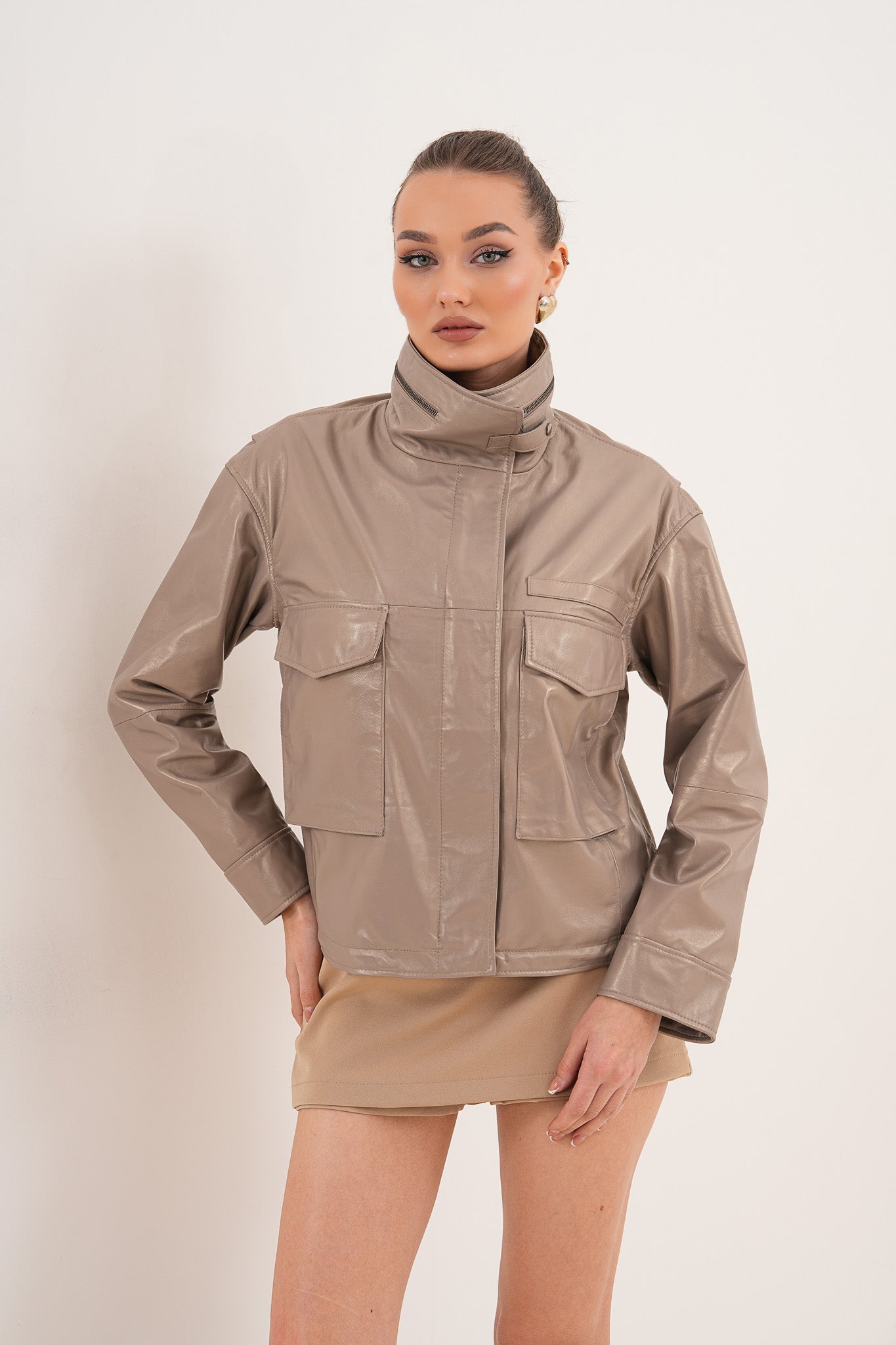 Chaqueta De Cuero Taupe Para Mujer Ravelyn