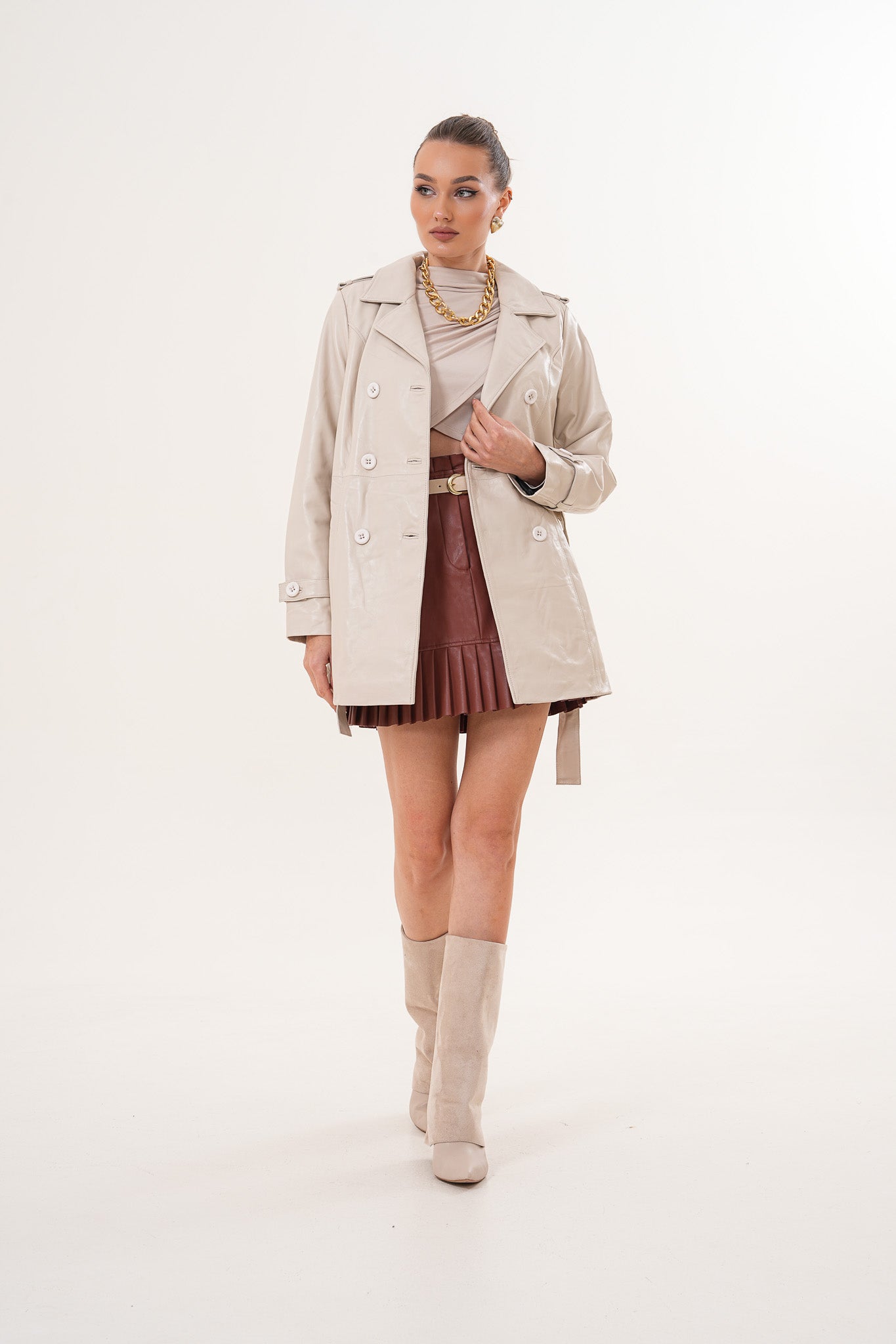 La Chaqueta Trench De Cuero Para Mujer Caelith Beige Claro