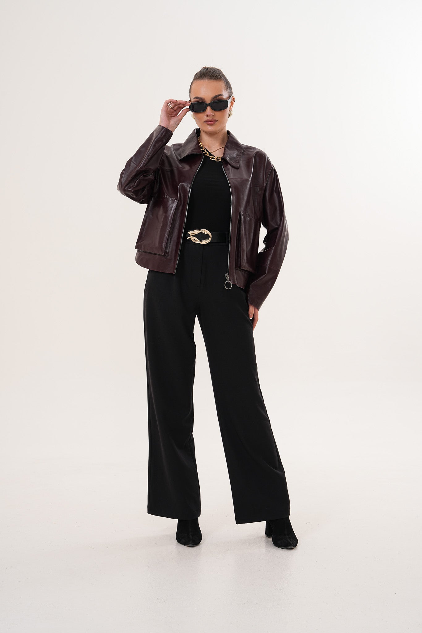 Chaqueta reversible de cuero burdeos para mujer Elvoria