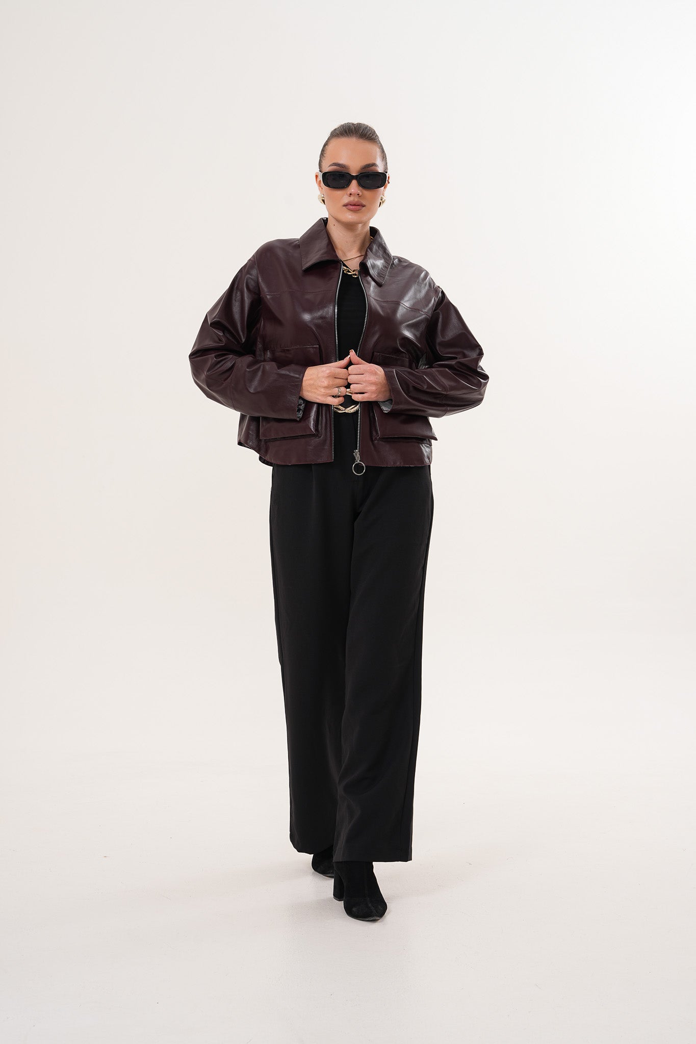 Chaqueta reversible de cuero burdeos para mujer Elvoria