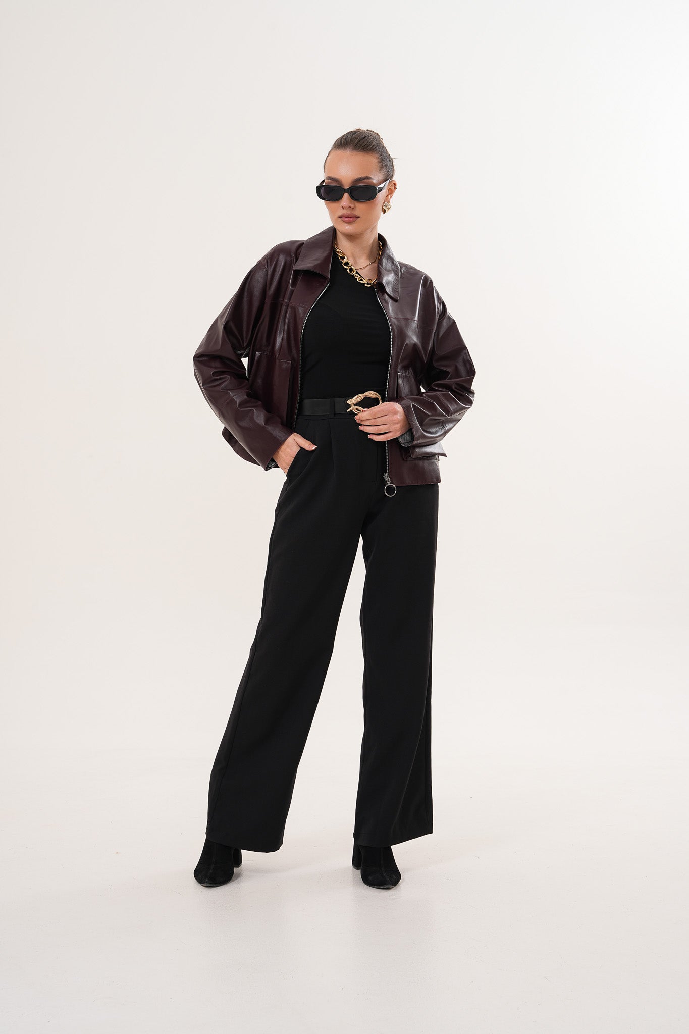 Chaqueta reversible de cuero burdeos para mujer Elvoria