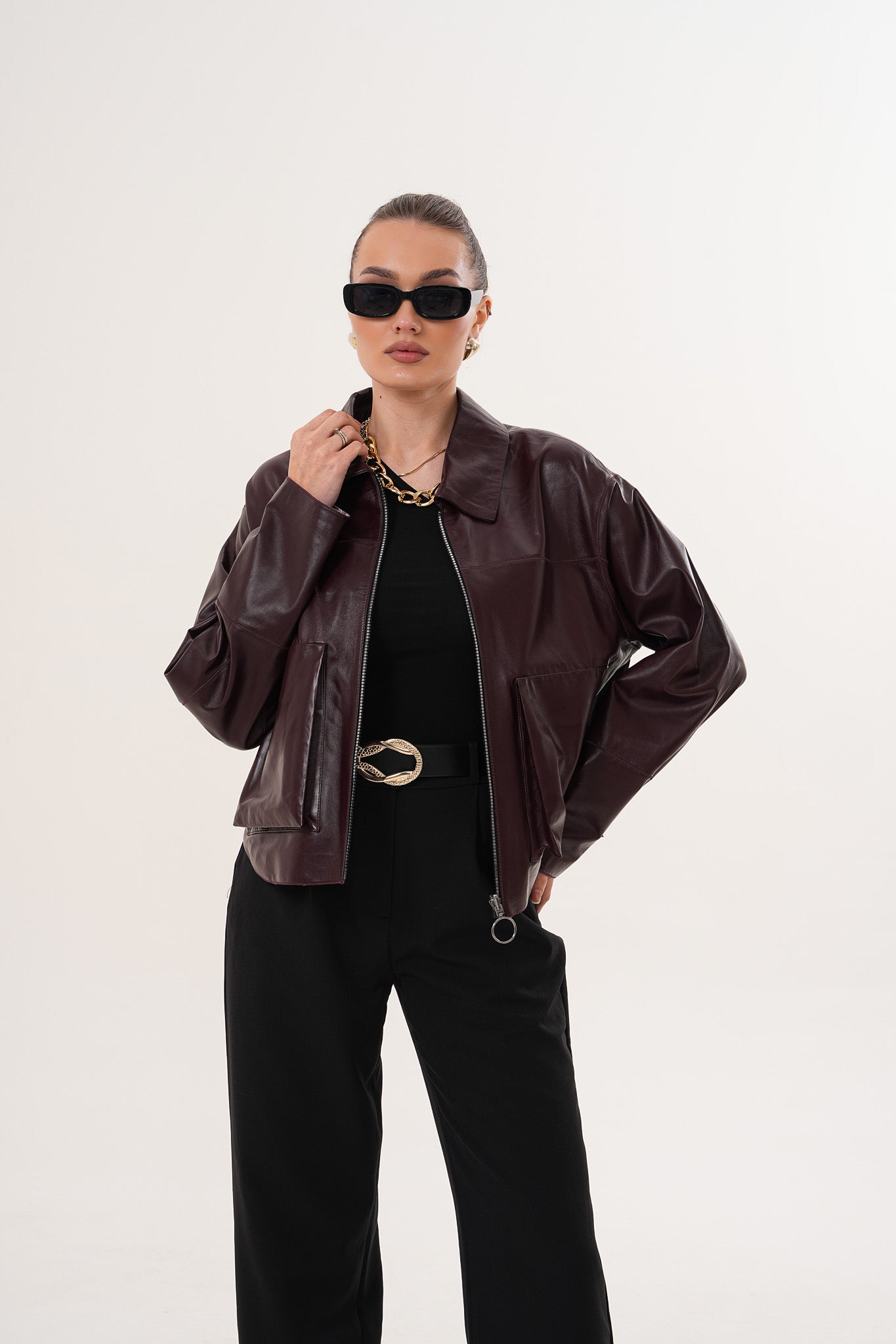 Chaqueta reversible de cuero burdeos para mujer Elvoria