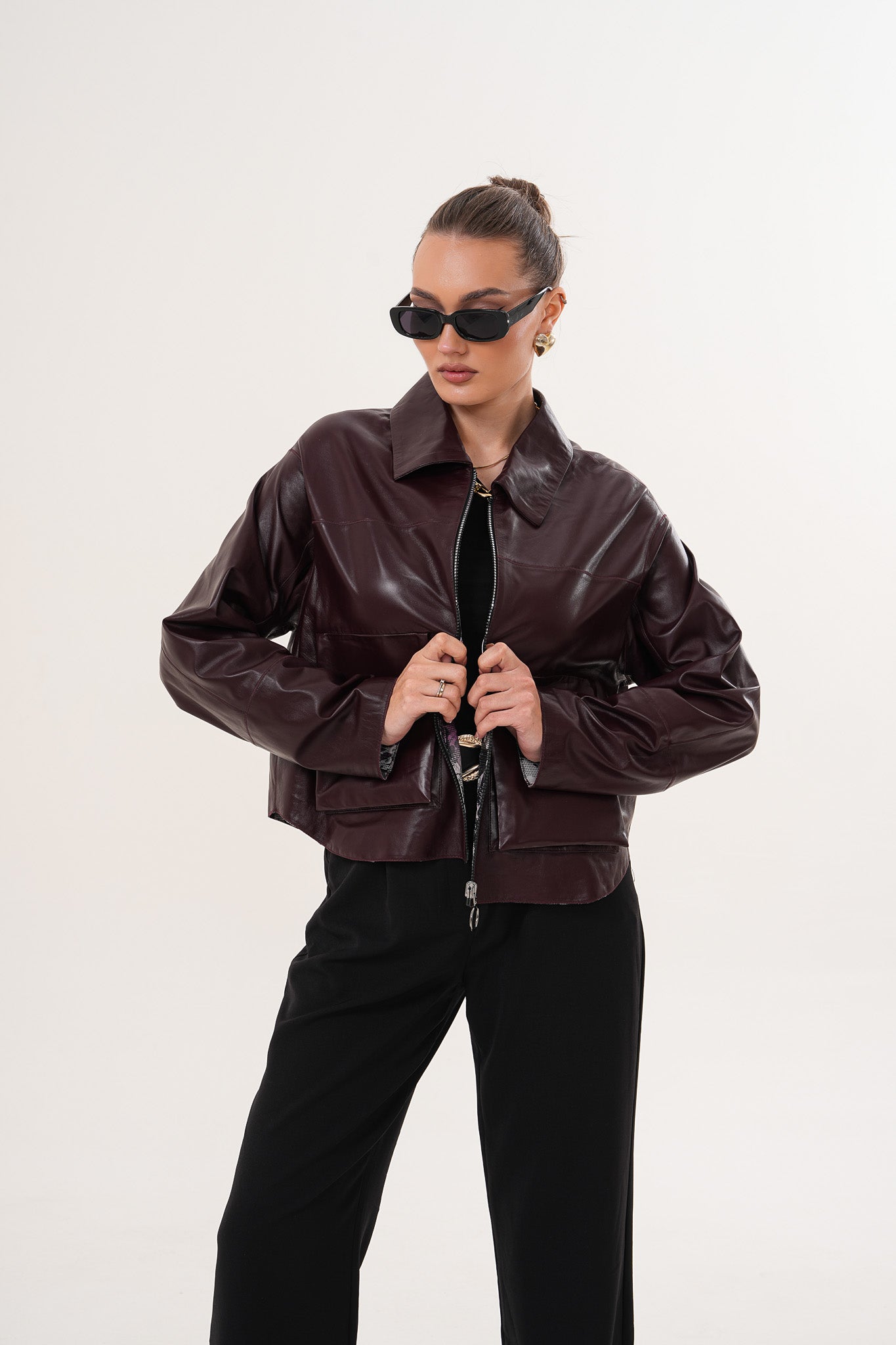 Chaqueta reversible de cuero burdeos para mujer Elvoria
