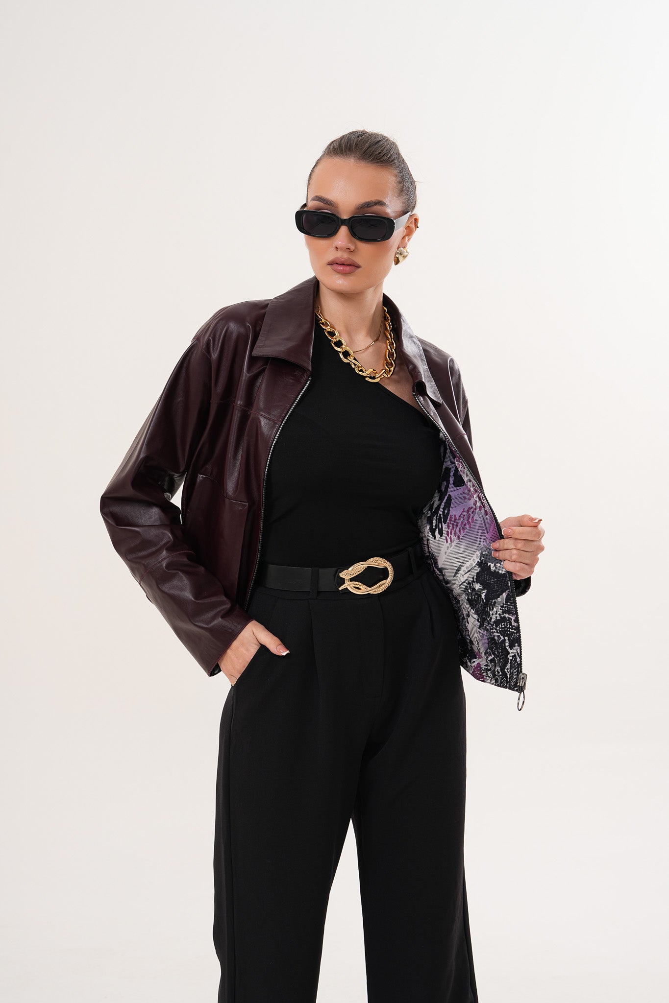 Chaqueta reversible de cuero burdeos para mujer Elvoria