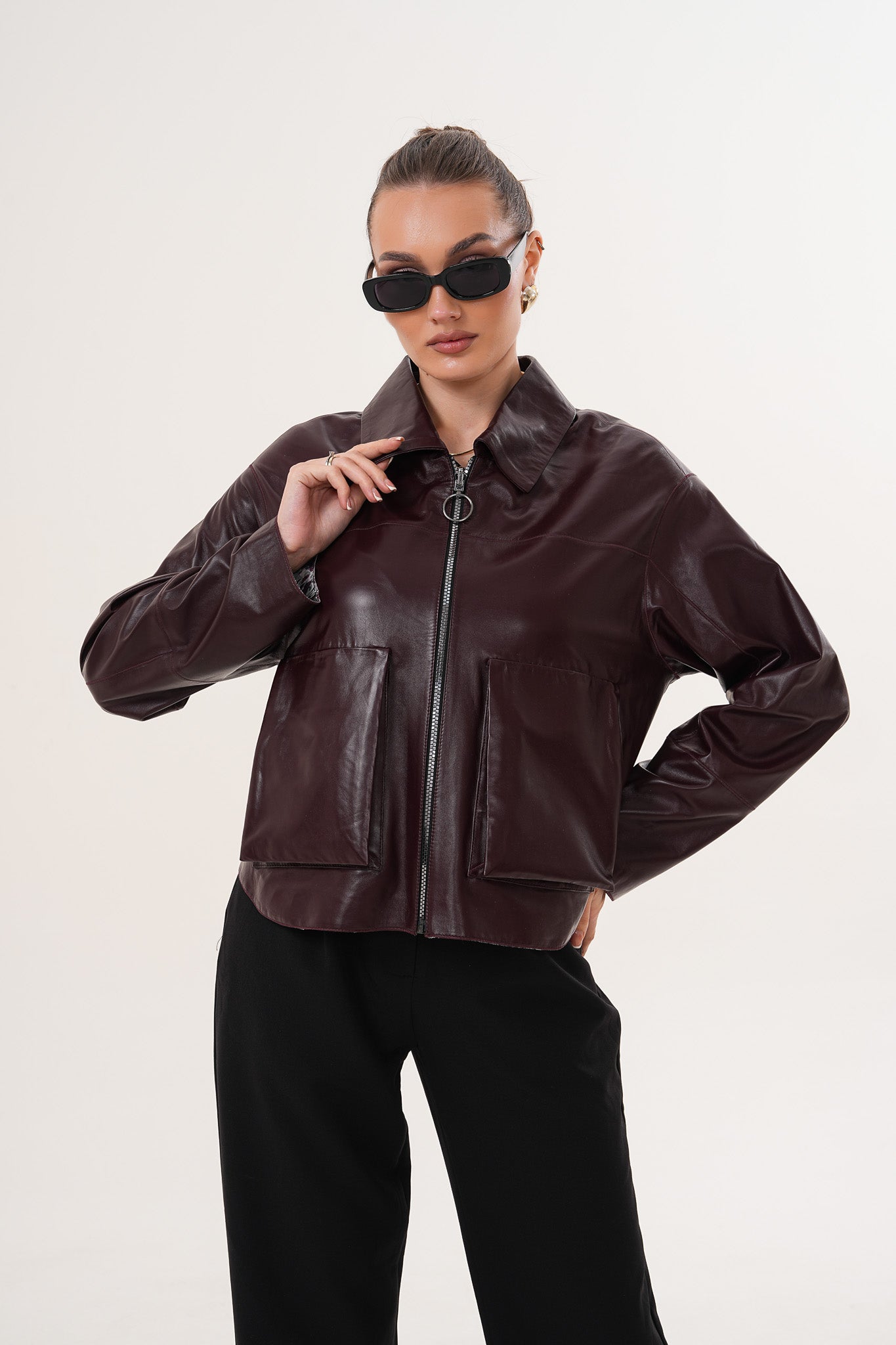 Chaqueta reversible de cuero burdeos para mujer Elvoria