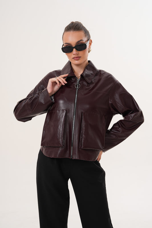 Chaqueta reversible de cuero burdeos para mujer Elvoria