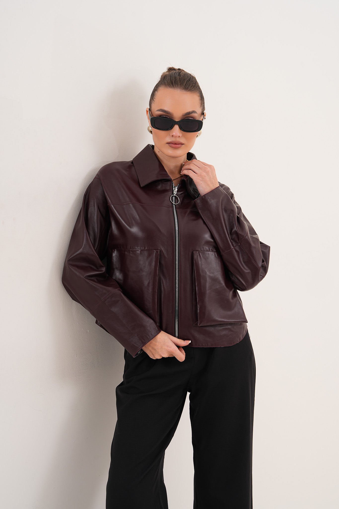 Chaqueta reversible de cuero burdeos para mujer Elvoria