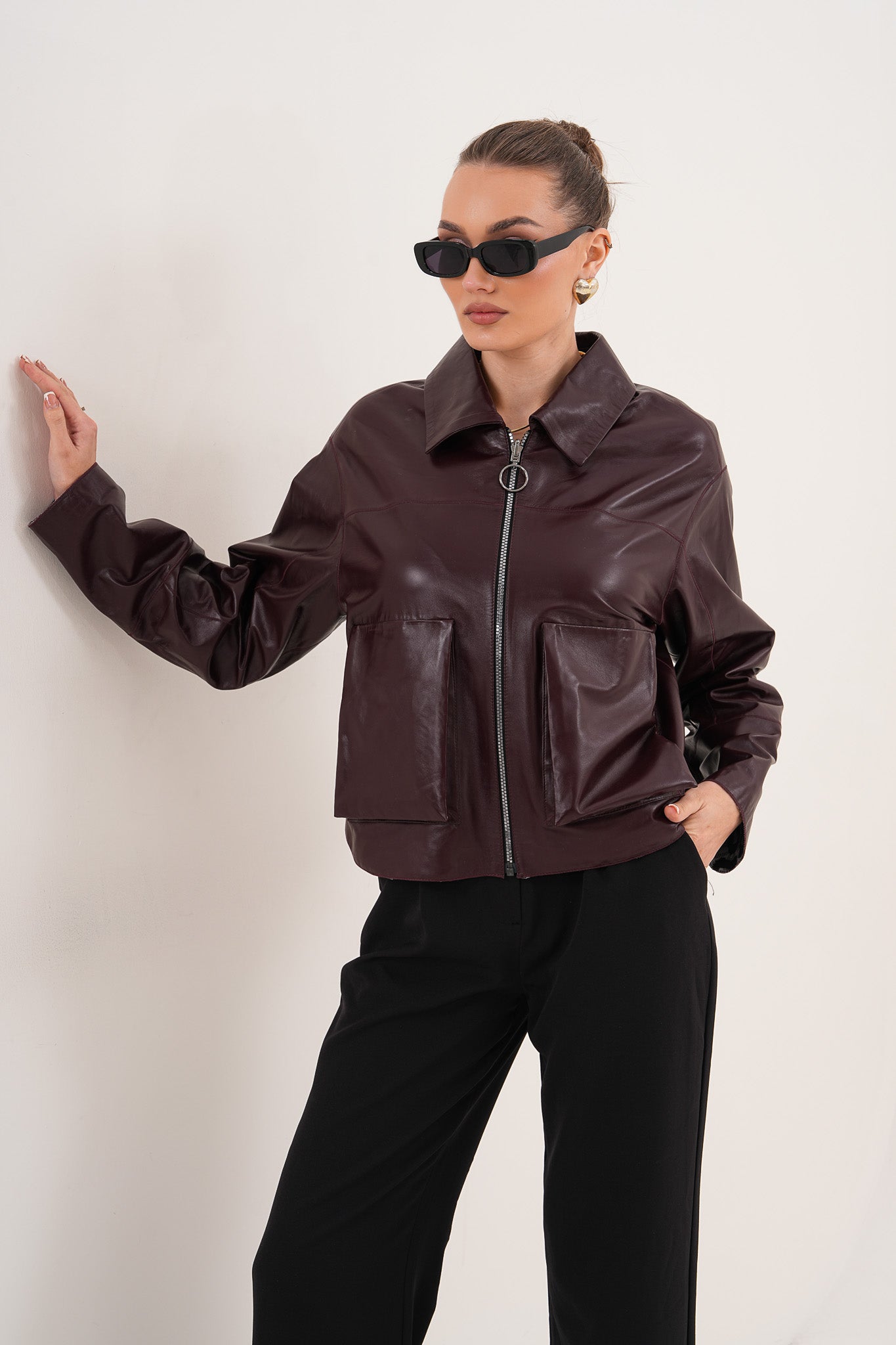 Chaqueta reversible de cuero burdeos para mujer Elvoria