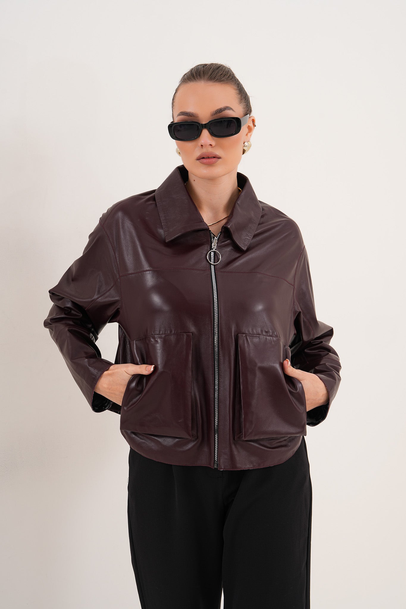 Chaqueta reversible de cuero burdeos para mujer Elvoria