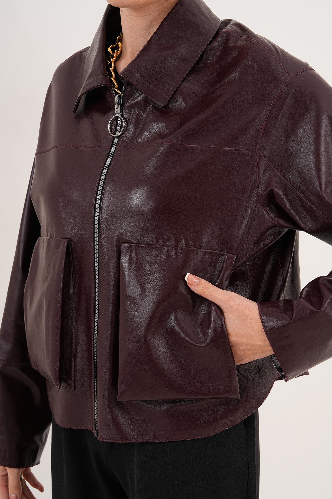Chaqueta reversible de cuero burdeos para mujer Elvoria