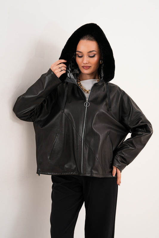 La chaqueta de cuero para mujer Velora Black reversible en piel de borrego
