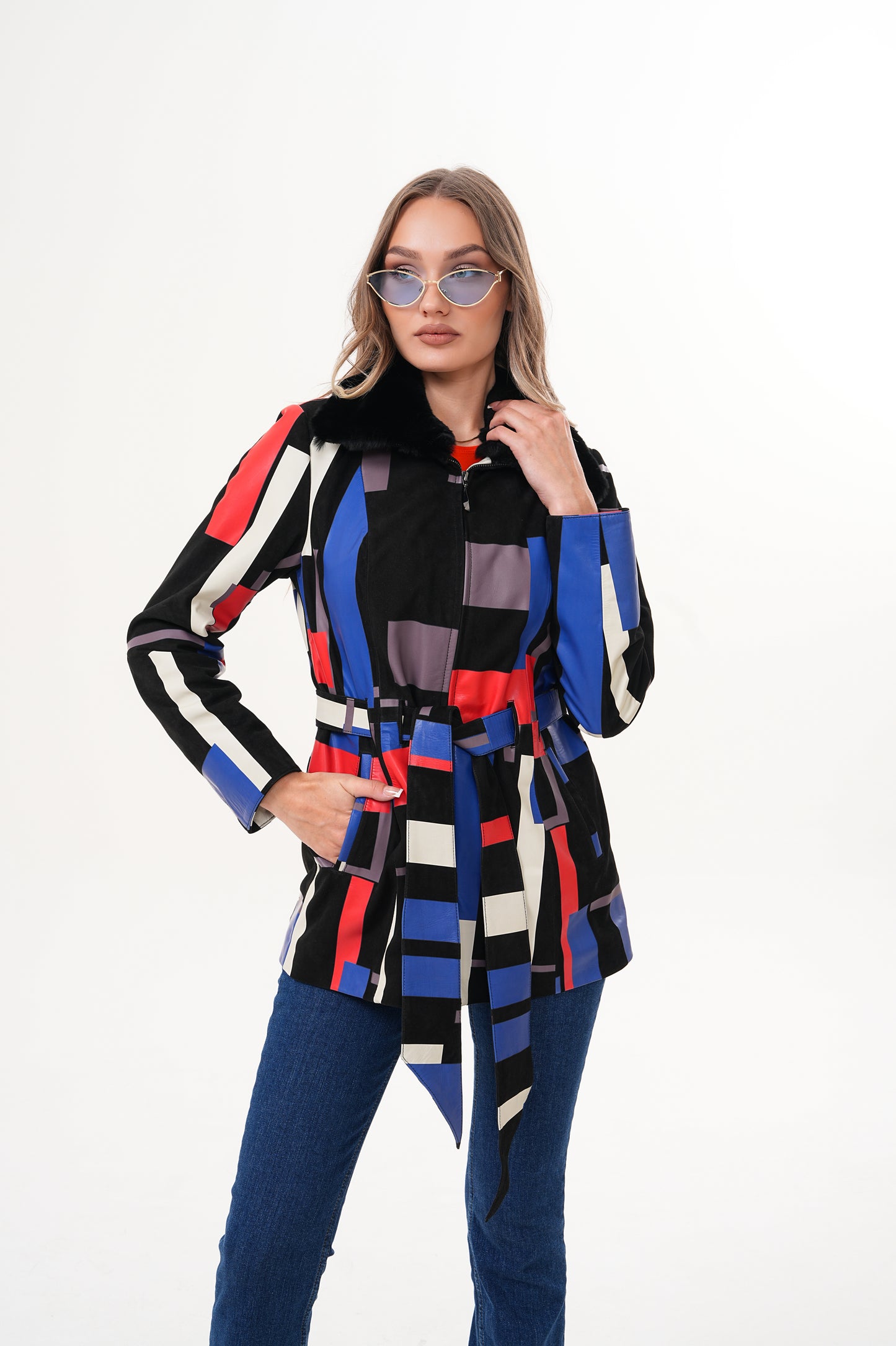 The Mirage Geo Pattern Multicolor Leather Women Jacket