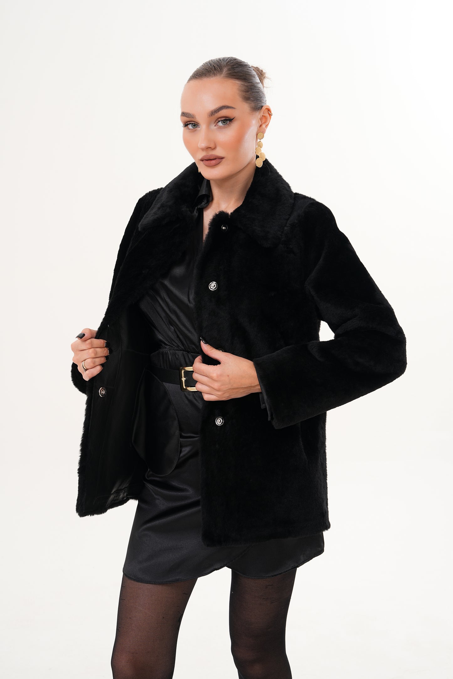 Chaqueta reversible de cuero y borreguillo Ava Black para mujer