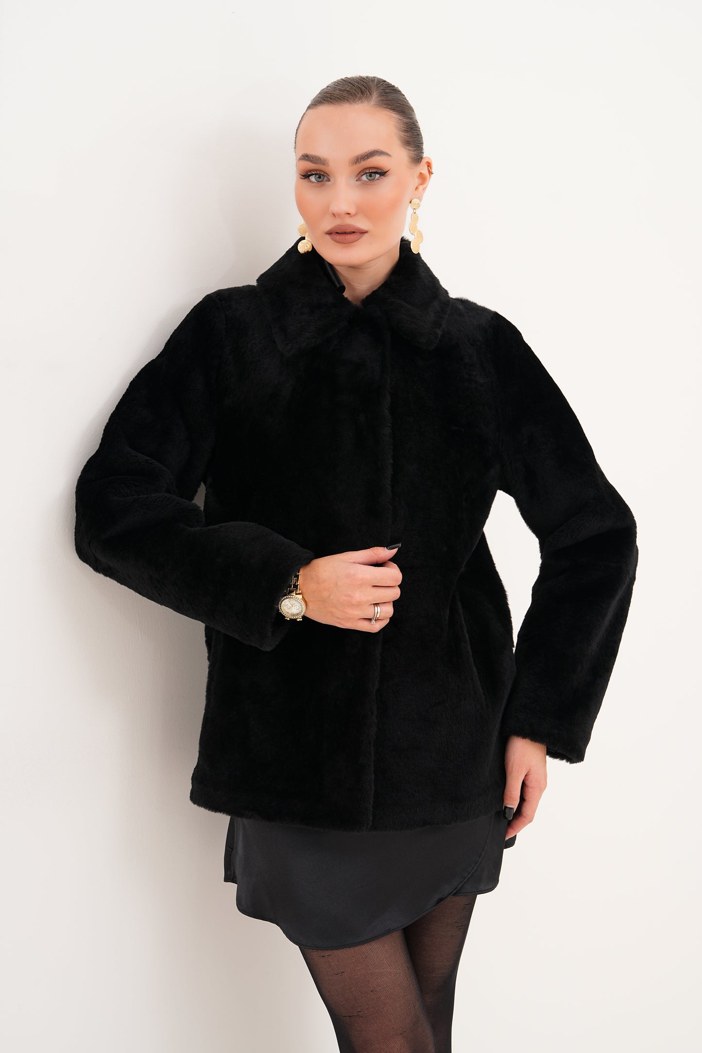 Chaqueta reversible de cuero y borreguillo Ava Black para mujer