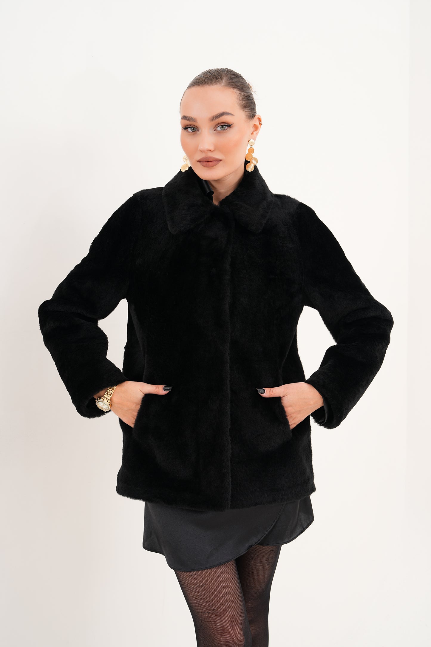 Chaqueta reversible de cuero y borreguillo Ava Black para mujer
