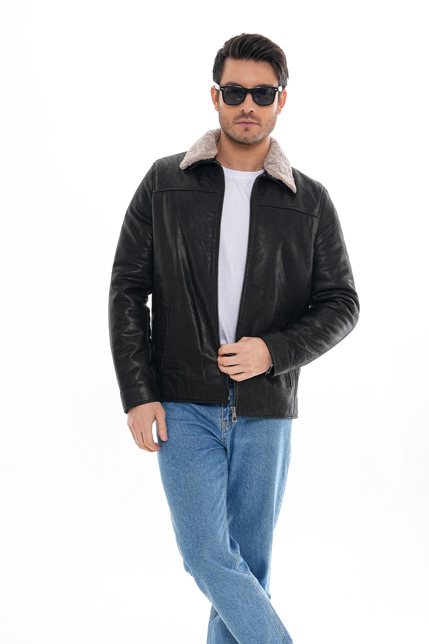 The Sarnico Black Shearling Collar Leather Men Jacket