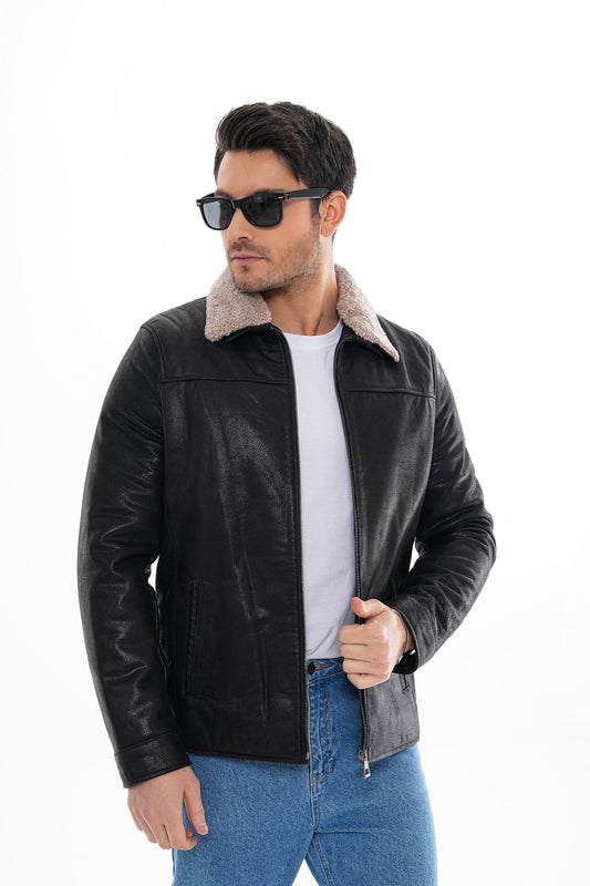 The Sarnico Black Shearling Collar Leather Men Jacket