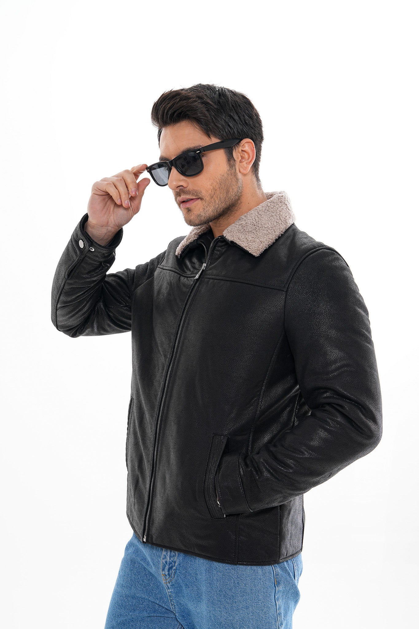 The Sarnico Black Shearling Collar Leather Men Jacket