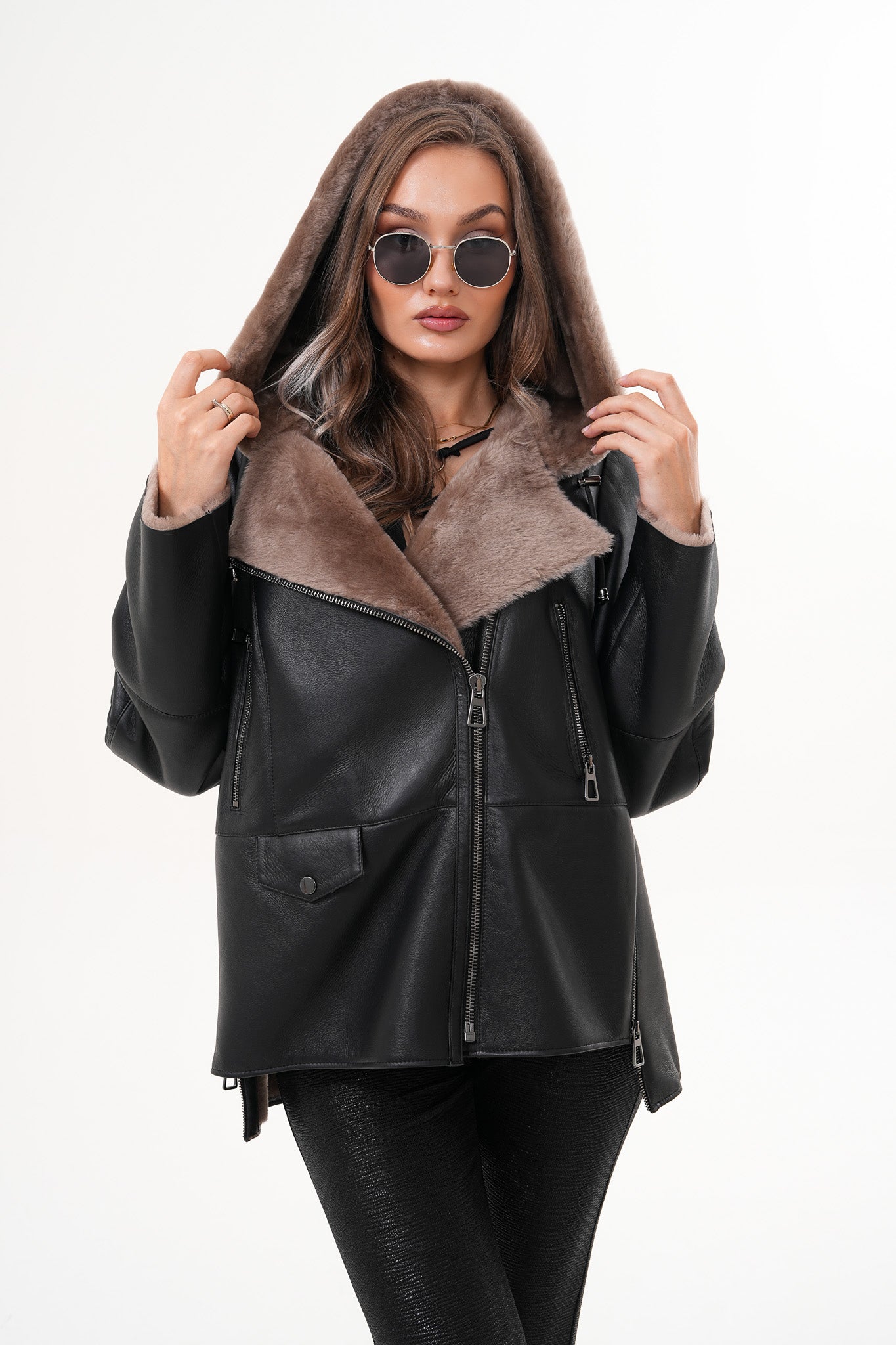 The Duchess Shearling Brown Leather Women Hooded Jacket