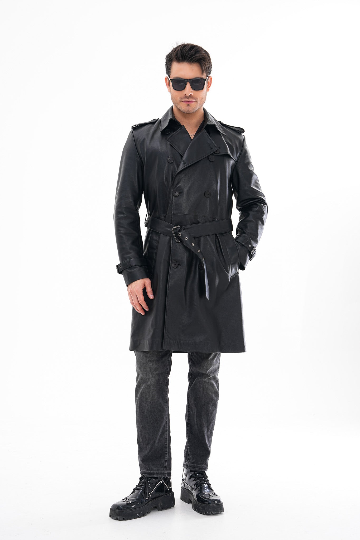 The Firenze Chaqueta Trench de Cuero Negro para Hombre