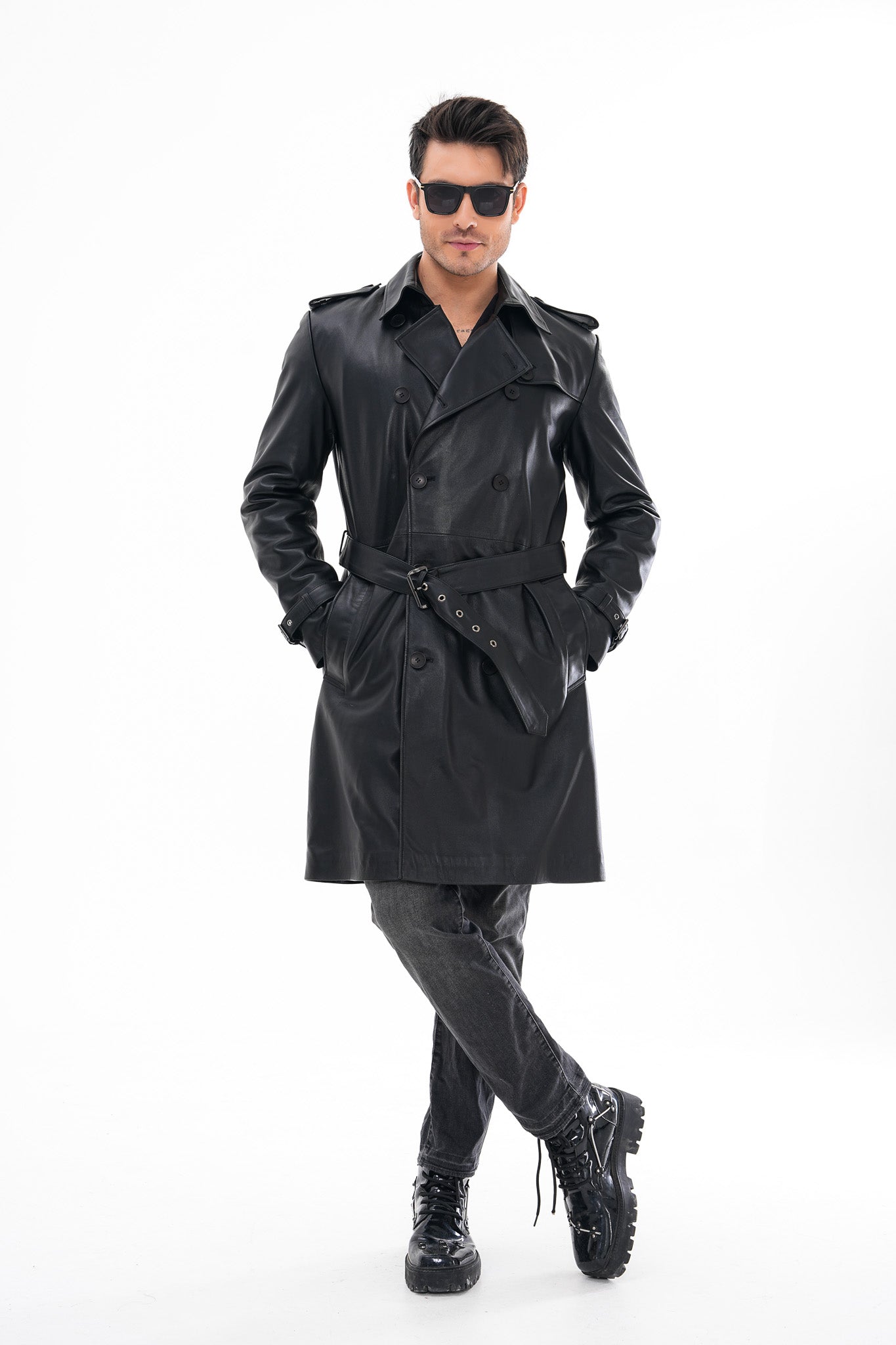 The Firenze Chaqueta Trench de Cuero Negro para Hombre