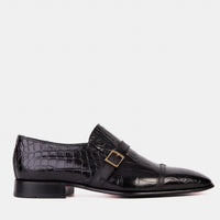 Zapato de hombre hecho a mano en cuero negro con correa de monje y puntera de cuero negro The Strat