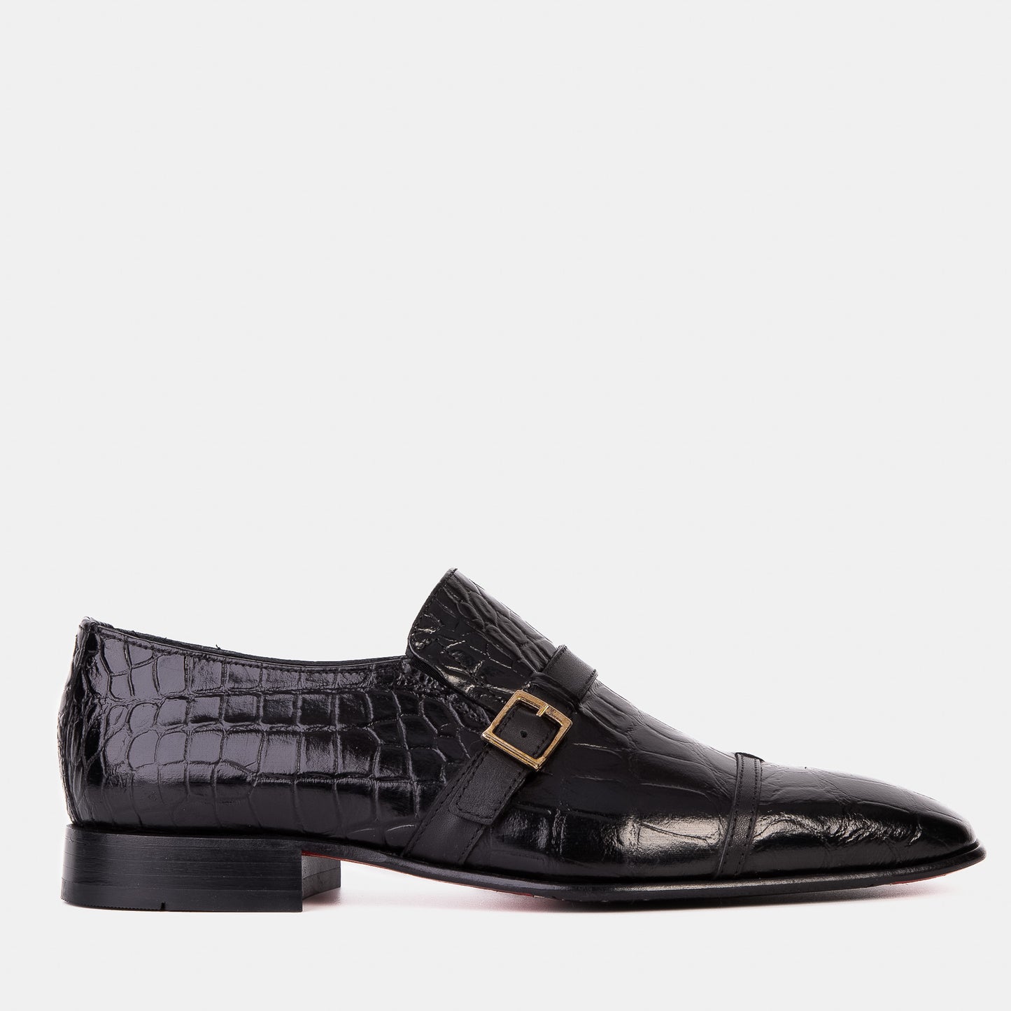 Zapato de hombre hecho a mano en cuero negro con correa de monje y puntera de cuero negro The Strat
