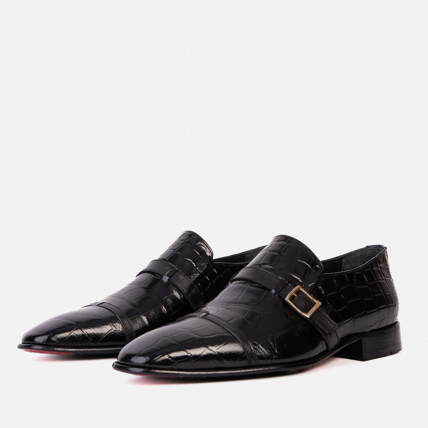 Zapato de hombre hecho a mano en cuero negro con correa de monje y puntera de cuero negro The Strat