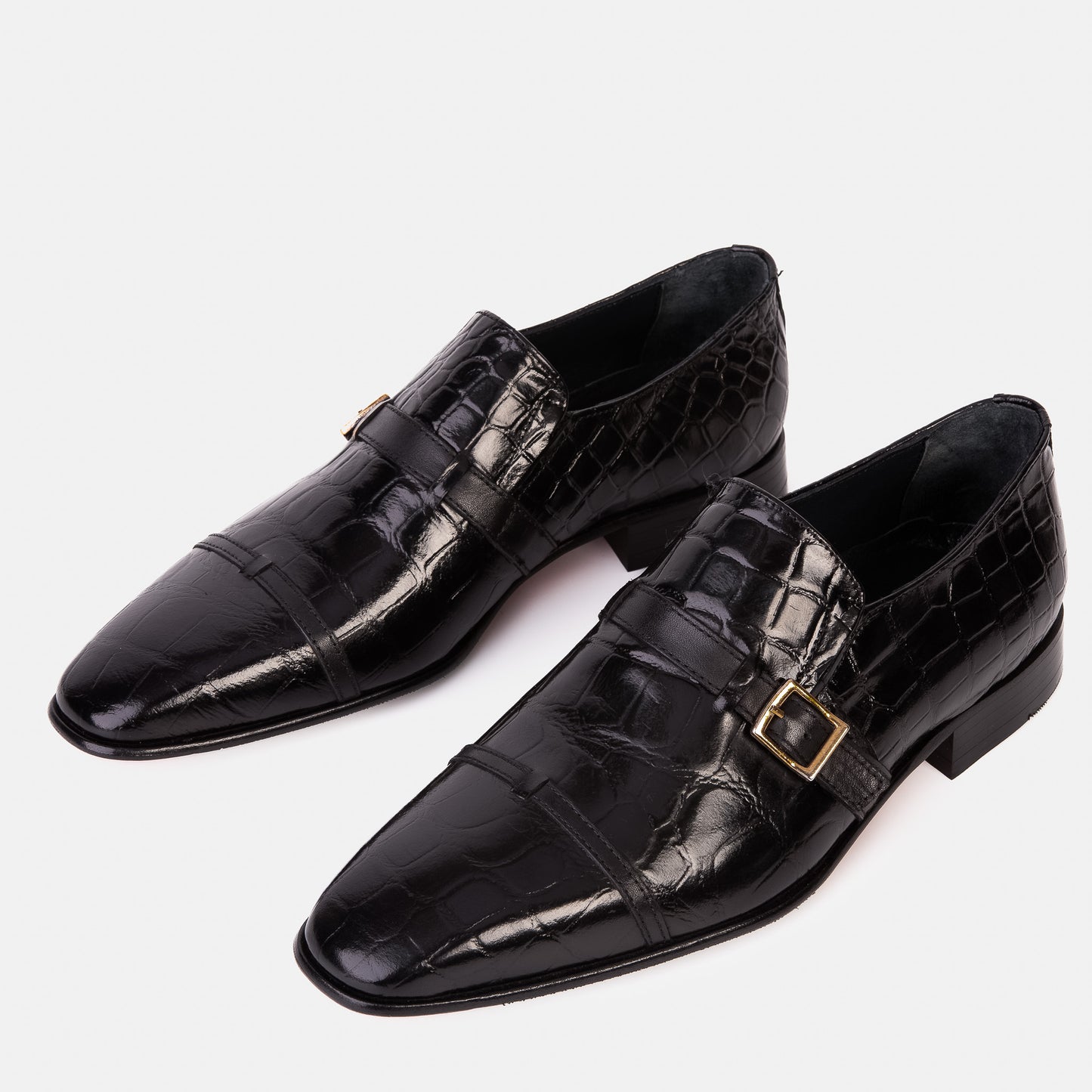 Zapato de hombre hecho a mano en cuero negro con correa de monje y puntera de cuero negro The Strat