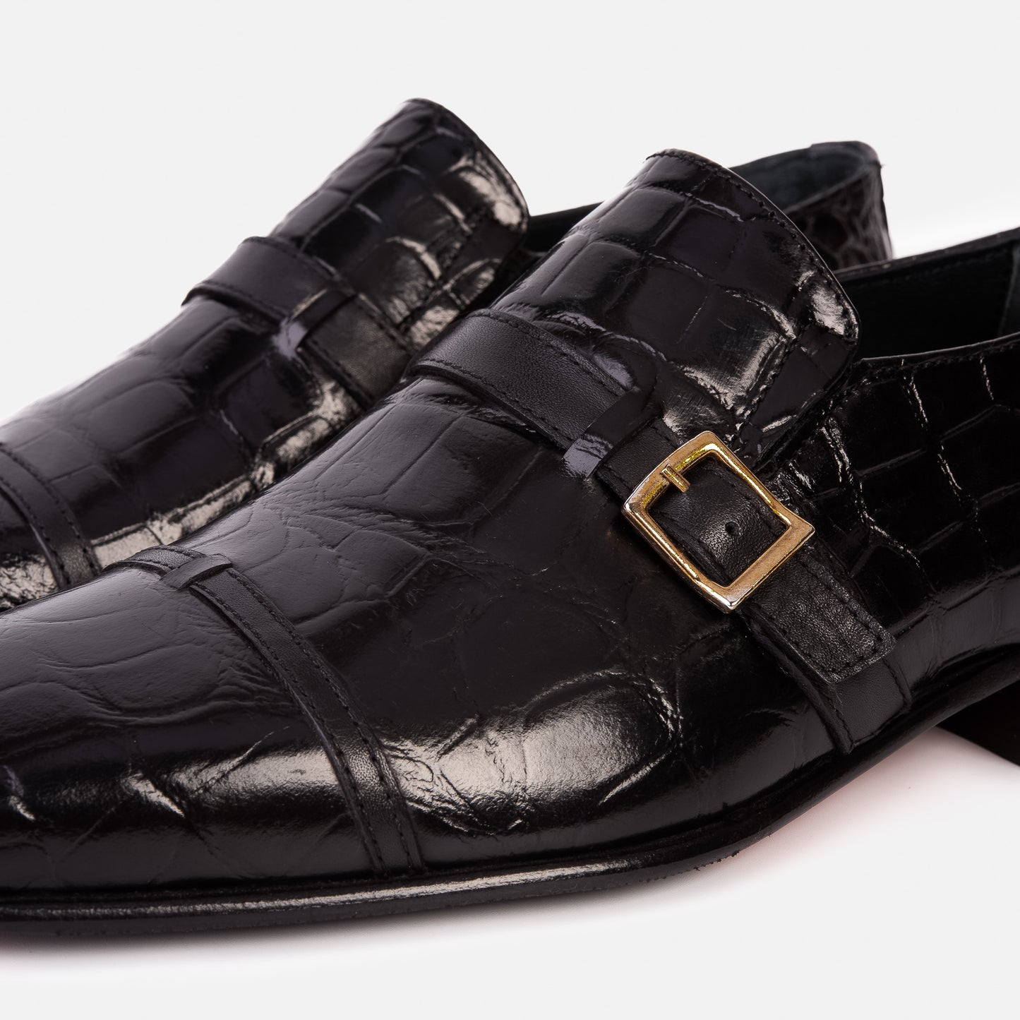 Zapato de hombre hecho a mano en cuero negro con correa de monje y puntera de cuero negro The Strat