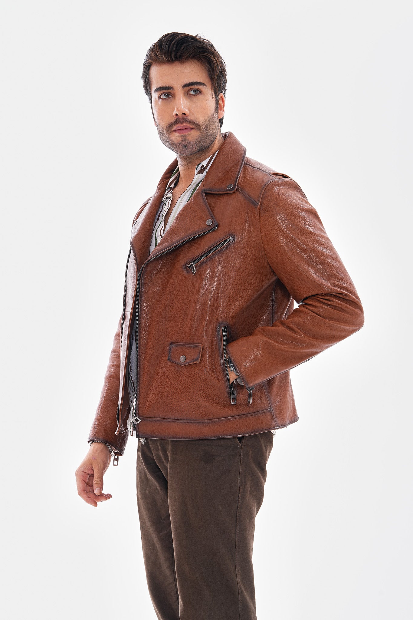 The Volt Chaqueta de Cuero Texturizado en Tan para Hombre
