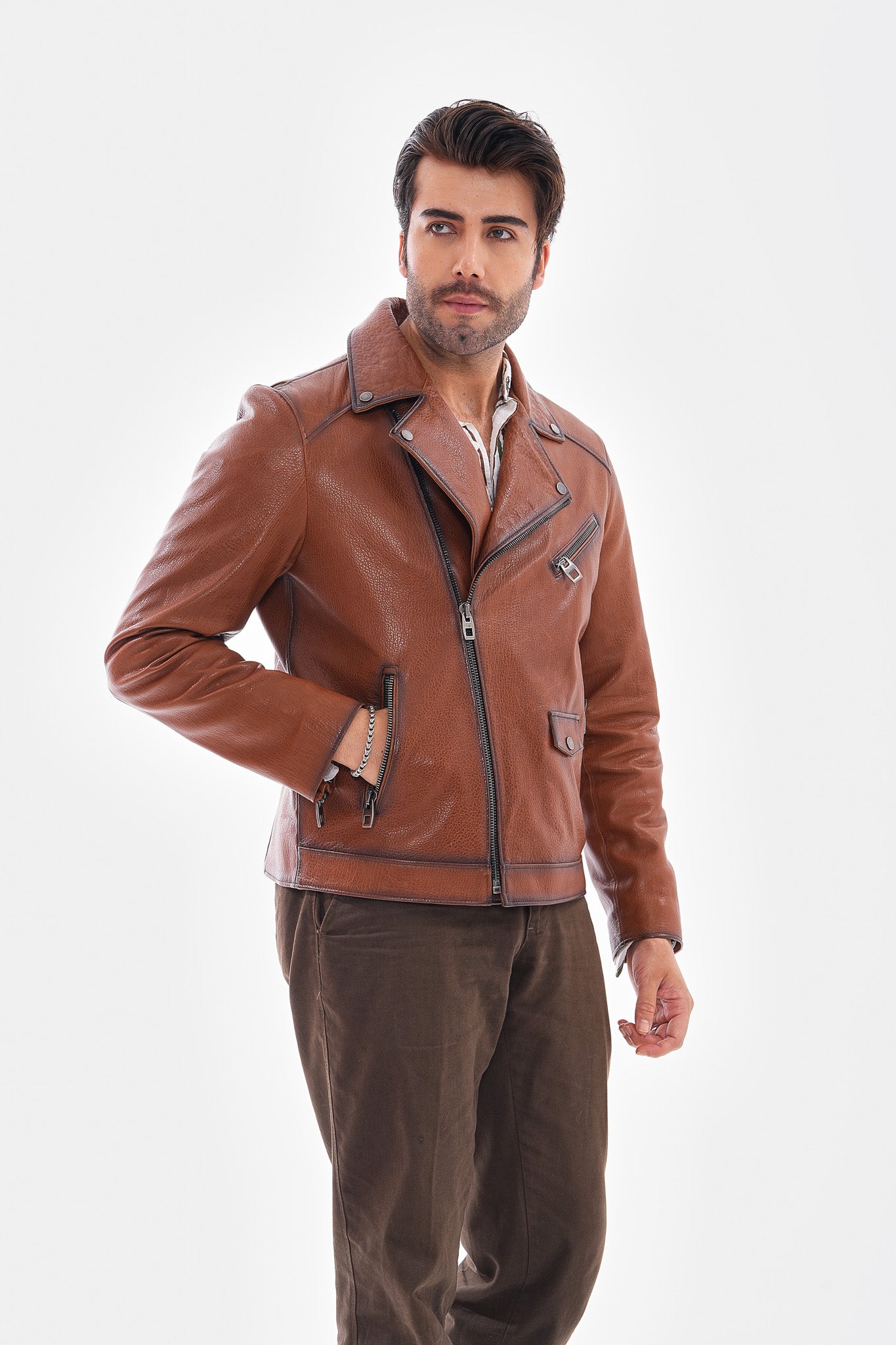 The Volt Chaqueta de Cuero Texturizado en Tan para Hombre