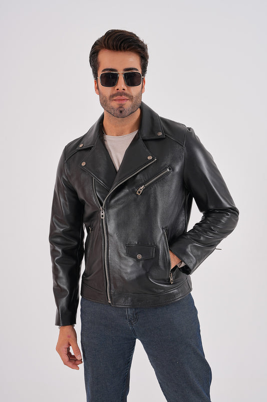 The Volt Chaqueta de Cuero Negra para Hombre Estilo Biker