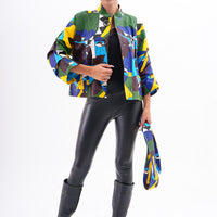 Chaqueta de cuero para mujer Odessa con arte geométrico multicolor