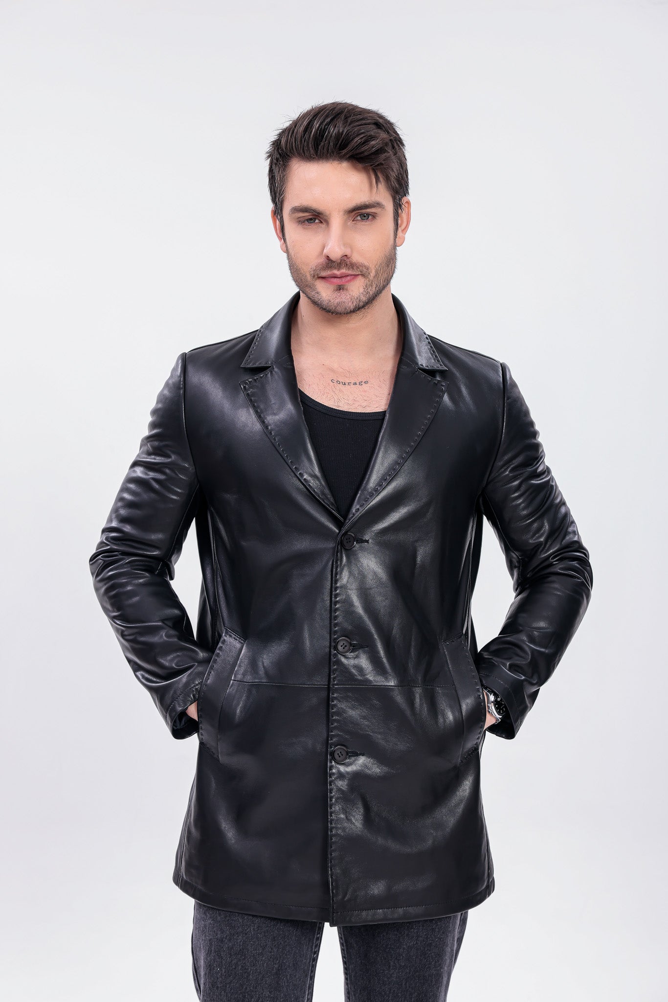 The Orsavio Black Genuine Lambskin Leather Men Blazer Jacket