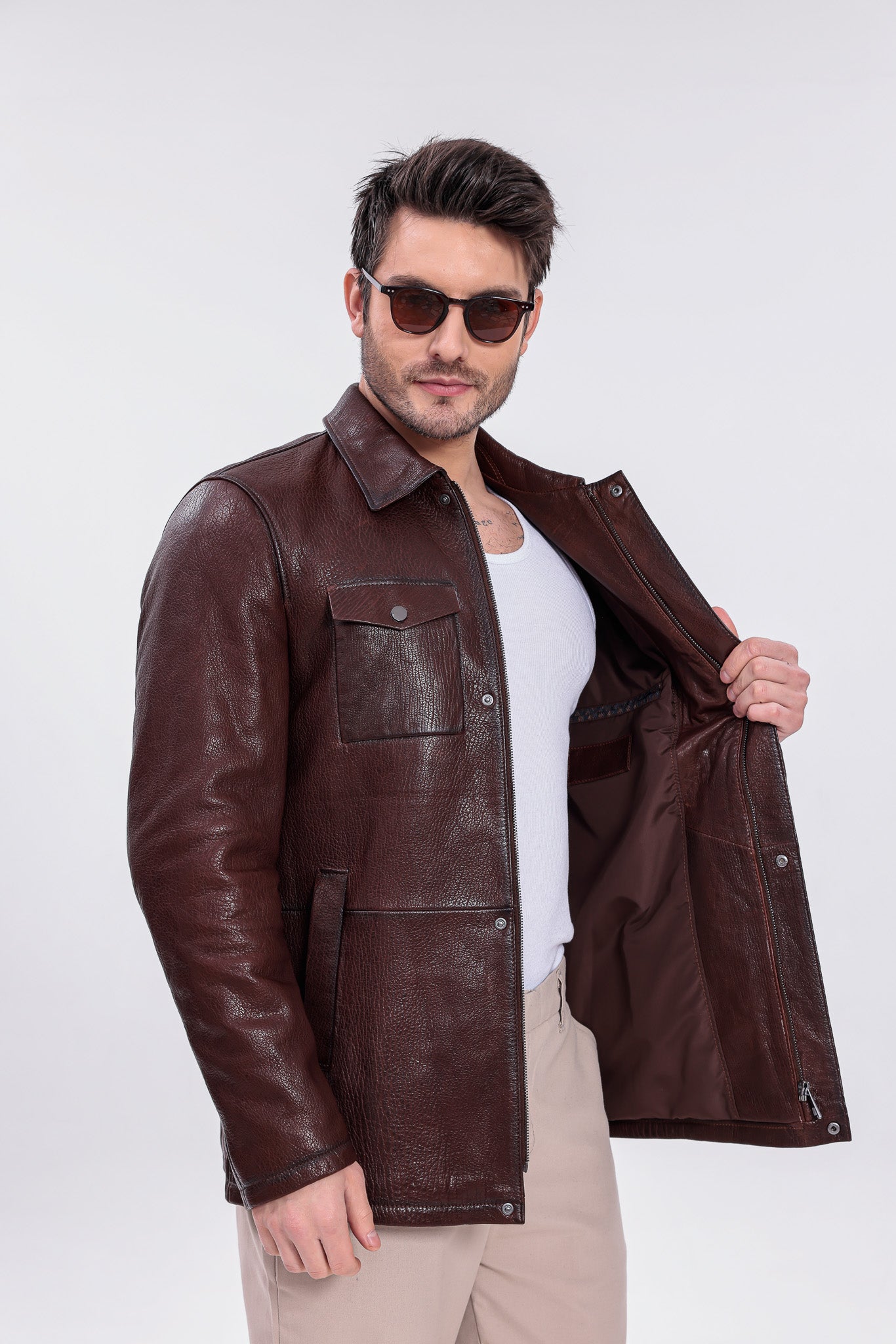 The Castello Brown Genuine Leather Men Field Jacket