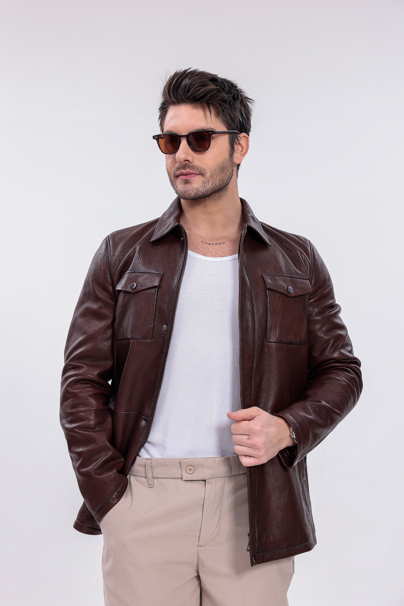 The Castello Brown Genuine Leather Men Field Jacket