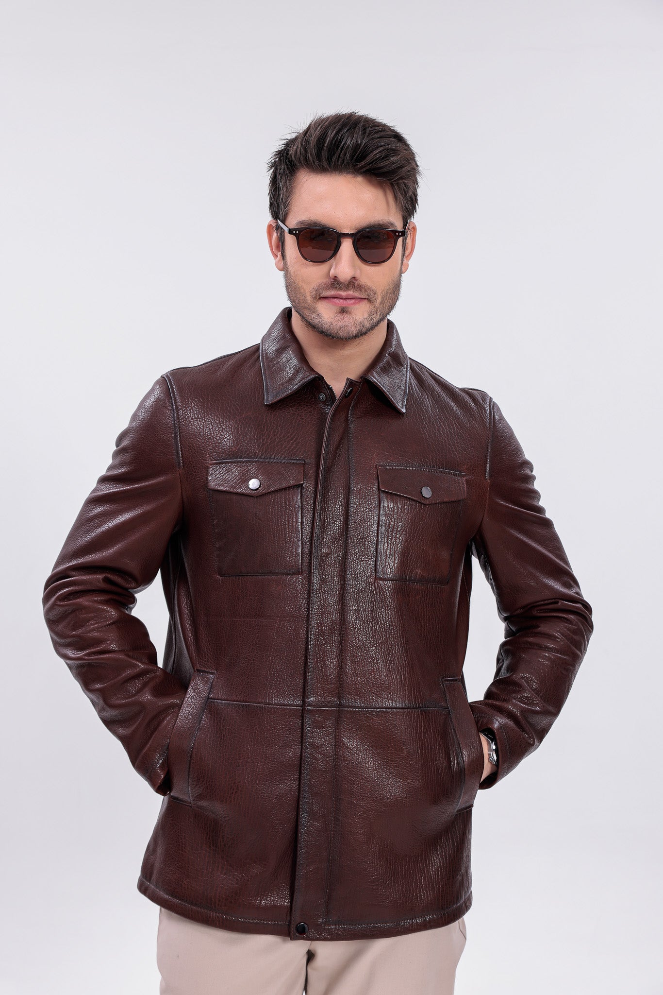 The Castello Brown Genuine Leather Men Field Jacket