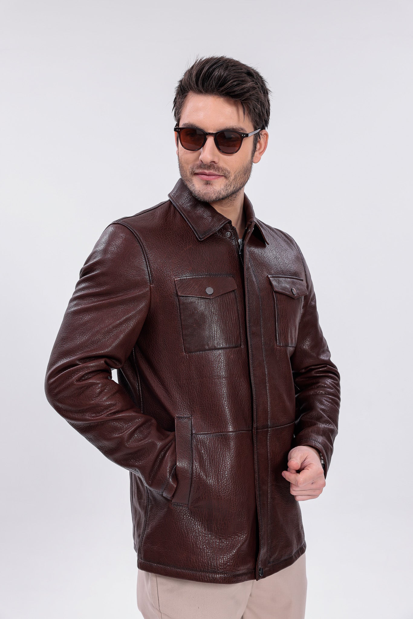 The Castello Brown Genuine Leather Men Field Jacket