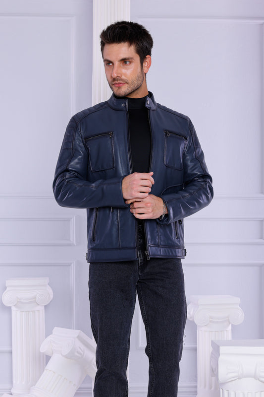 The Argento Navy Blue Leather Men Jacket