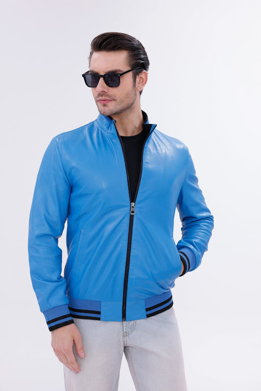 Monza Blue Lambskin Men Leather Jacket - 1