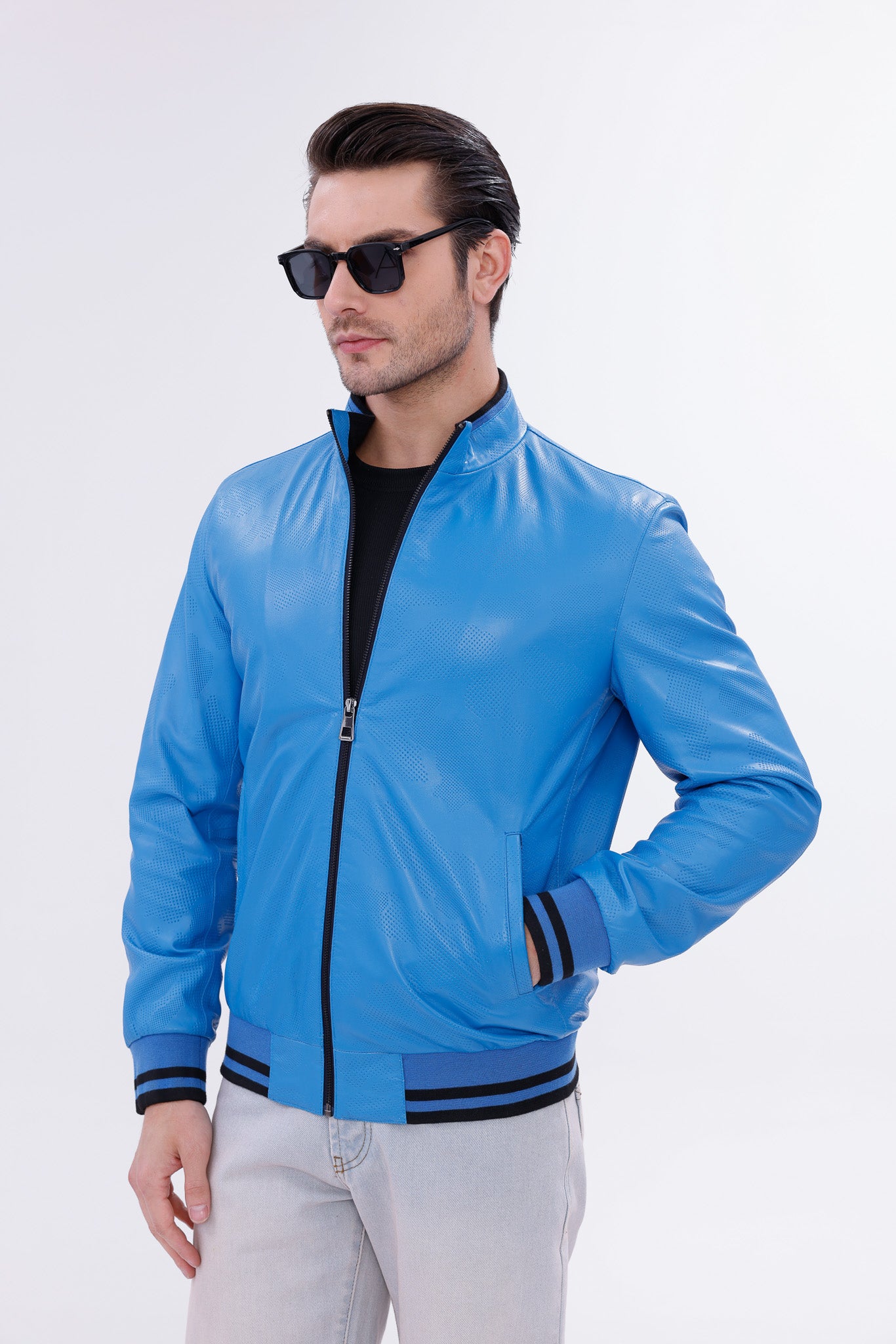 Monza Blue Lambskin Men Leather Jacket - 10