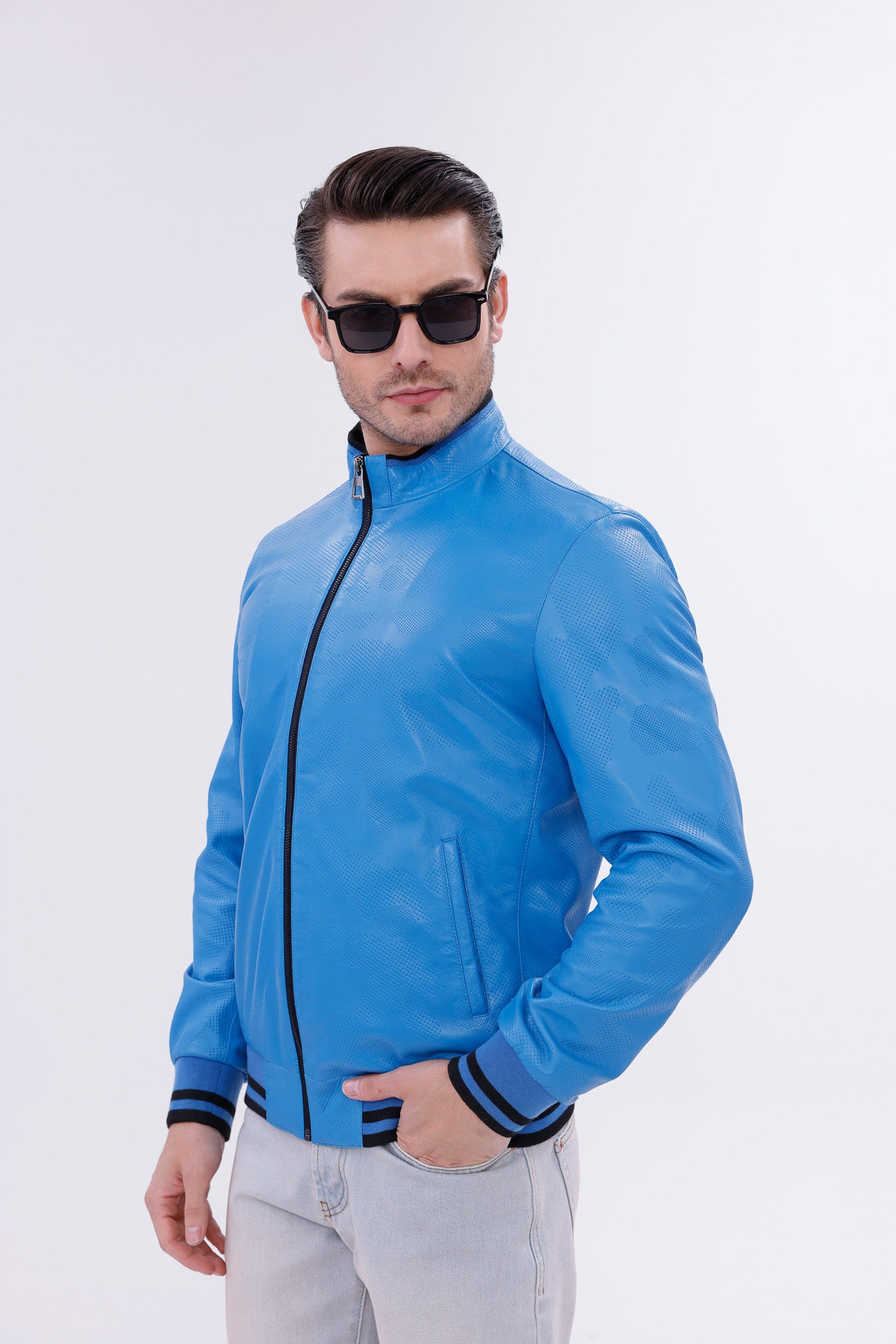Monza Blue Lambskin Men Leather Jacket - 12