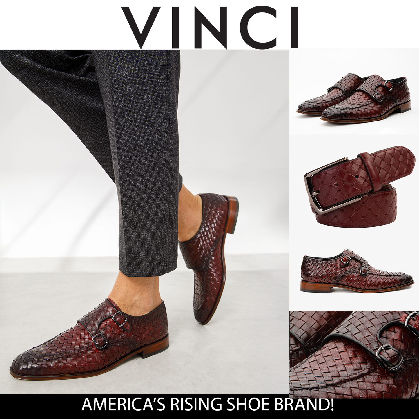 Zapatos de vestir para hombre con doble hebilla y tejido en color burdeos de Turan